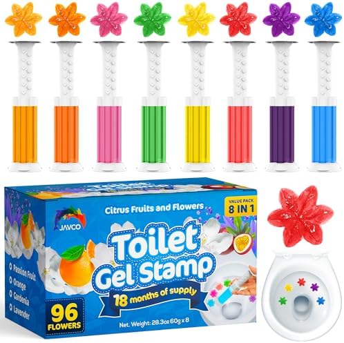 JAVCO Toilet Gel Stamps, 96 Flower Stamps Toilet Bowl Freshener, Long Lasting Toilet Cleaners Gel for Bathroom Odor Control, 8 Mixed Scents, Automatic Toilet Bowl Deodorizer, 18 Month Supply