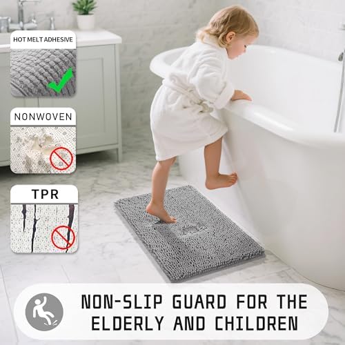Yimobra Washable Bathroom Rugs, Super Soft & Absorbent Chenille Bath Mat for Floor & Carpet, Quick Dry Non Slip Bath Mat for Tub Shower, 24" x 17",Gray