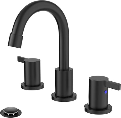 Phiestina 8 Inch 3-Hole Matte Black Widespread Bathroom Sink Faucet with Valve and Metal Pop-Up Drain Assembly, 2-Handle Low-Arch Bathroom Faucets Three Hole, WF15-1-MB