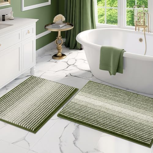 BSICPRO Bathroom Rugs Sets 2 Piece, Non Slip Striped Bath Mats, Sage