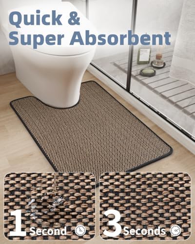 PADOOR Braided Toilet Rugs U Shaped, Non Slip Toilet Mats for Bathroom Floor Machine Washable Super Absorbent Contour Bath Rugs for Toilet Mat Quick Dry U Shaped Toilet Rug, 20''x24'' Black