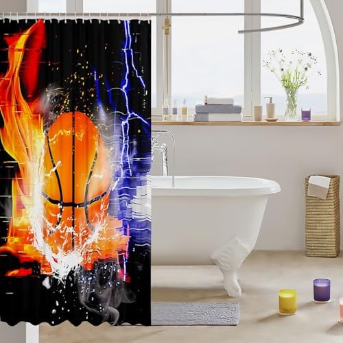 jejeloiu Basketball Bath Curtain Boys Girls 72"x72" Ice Fire Shower Curtain for Kids Women Men Waterproof Gaming Sports Bathroom Shower Curtain Set Gift for Basketball Lover