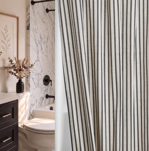 Farmhouse Striped Shower Curtain Set, Linen Blend Fabric with Detachable Polyester Liner, Breathable & Machine Washable, Rustic Black for Bathroom Decor Standard 72" W x 72" L - Hooks Not Included