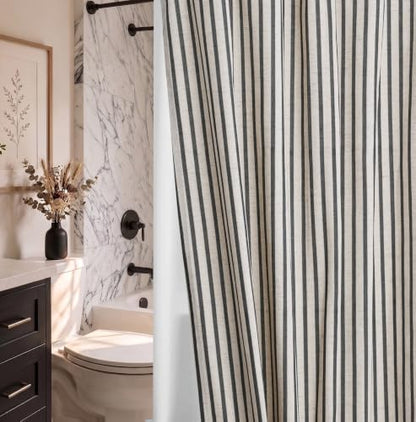 Farmhouse Striped Shower Curtain Set, Linen Blend Fabric with Detachable Polyester Liner, Breathable & Machine Washable, Rustic Black for Bathroom Decor Standard 72" W x 72" L - Hooks Not Included