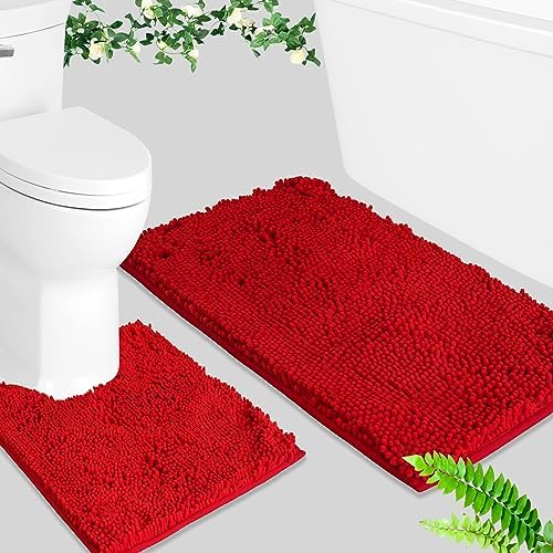 BOANKODU Red Bathroom Rugs Sets 2 Piece, Absorbent Bath Mat for Bathroom Very Soft Chenille Non-Slip, 32x20 Inch + 20x20 Inch U Shape Bathroom Mat, Machine Washable