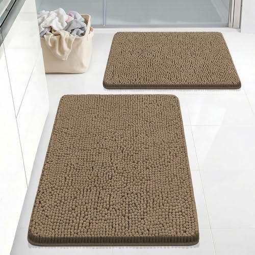 Bcoimo Bath Rugs Mat Set,2 Piece Non Slip Chenille Latte Bathroom Mat Sets