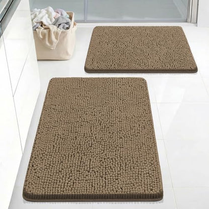 Bcoimo Bath Rugs Mat Set,2 Piece Non Slip Chenille Latte Bathroom Mat Sets