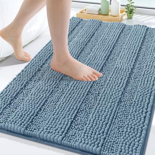 Grandaily Chenille Striped Bathroom Rugs 50x30, Extra Thick and Soft Absorbent Bath Mats, Rubber Backing, Plush Shaggy Shower Carpet, Machine Wash Dry, Bath Rug for Bathroom, Airy Blue