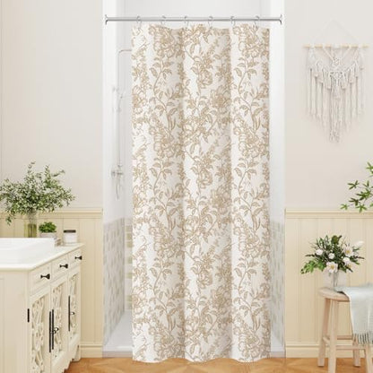 Brown Boho Linen Fabric Shower Curtain , Farmhouse Floral For Bathroom