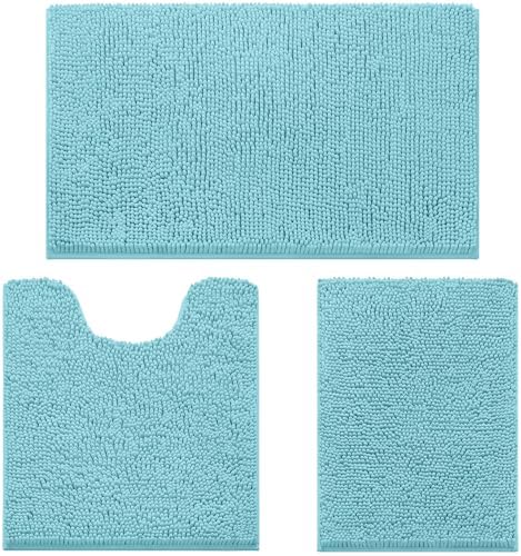HOMEIDEAS Aqua Blue Chenille Bathroom Rugs Set of 3, Non Slip Bath Mat