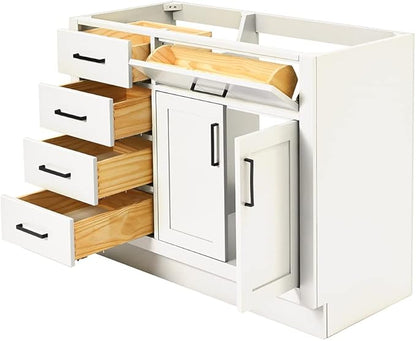 ARIEL Hepburn 42-inch Bathroom Vanity Base Cabinet,Solid Wood, 2 Soft Closing Doors, 5 Dovetail Drawers, White