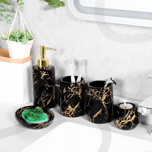 Ceramic Bathroom Accessory Set, 5-Piece Bathroom Accessory Set, Soap Dish, Toothbrush Holder, Soap Dispenser, Bathroom Tumbler & Candle Holder - Modern Bathroom Organizer, (Black & Gold)