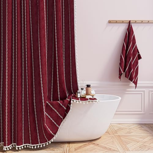 BTTN 72x84 Long Boho Farmhouse Linen Heavy Duty Shower Curtain, Burgundy
