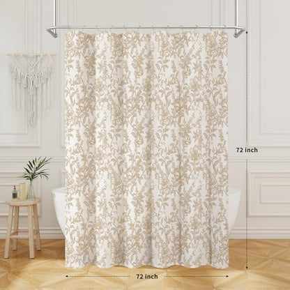 Brown Boho Linen Fabric Shower Curtain , Farmhouse Floral For Bathroom