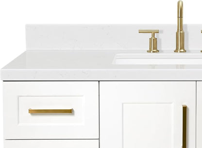 DKB Emilia 48-Inch Bathroom Vanity with Sink — White Single Sink Bathroom Vanity, 1.5" Edge Carrara Quartz Countertop, Solid Wood, 2 Soft Closing Doors, 9 Dovetail Drawers