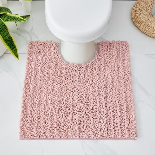 Disolla Toilet Rug 24x24 Inch - Pink U-Shaped Bathroom Floor Mat, Soft Shaggy Plush Absorbent Chenille Contour Rug, Non-Slip Washable Pedestal Base Rug
