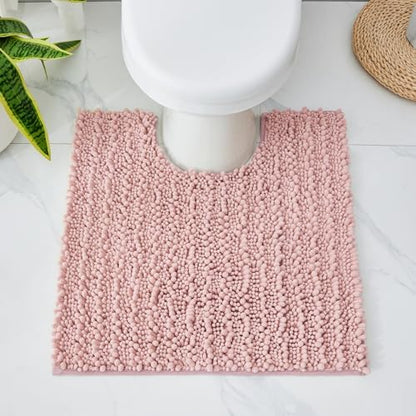 Disolla Toilet Rug 24x24 Inch - Pink U-Shaped Bathroom Floor Mat, Soft Shaggy Plush Absorbent Chenille Contour Rug, Non-Slip Washable Pedestal Base Rug