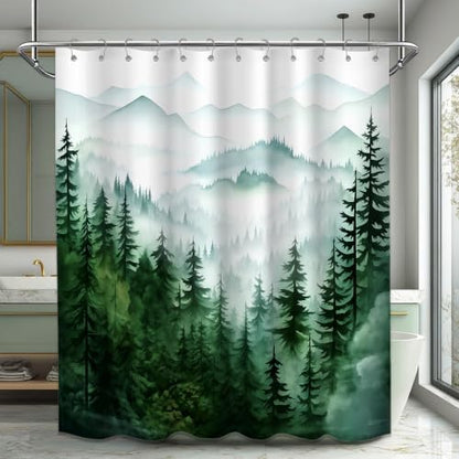 Dark Green and White Extra Long Shower Curtain, Tall 72X78 in, Forest