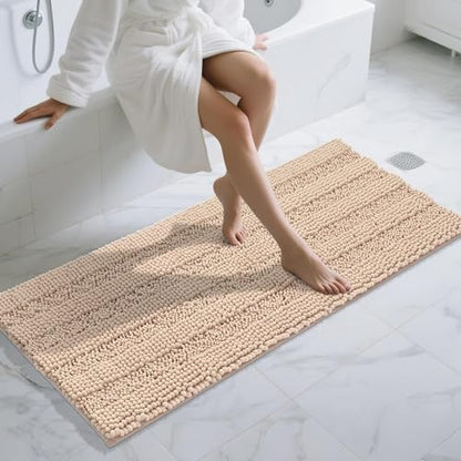Yimobra Chenille Bathroom Runner Rug 60 x 24, Ideal for Tub-Side and Narrow Bathroom Walkways, Non-Slip Super Absorbent Quick Dry, Ultra Plush Machine Washable Bath Runner, Beige