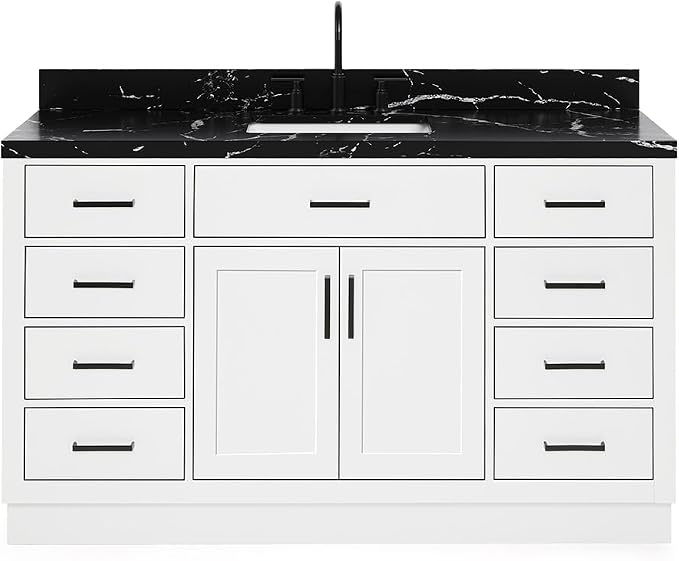 ARIEL Hepburn 60 Inch Single Rectangle Sink Bathroom Vanity with Nero Marquina Black Quartz Countertop 1.5 Inch in White
