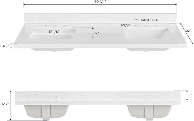 ARIEL 60 inch Double Bathroom Vanity top with Sink, 1.5 Inch Thick Miter Edge Carrara White Quartz top, Rectangle Double Sink Vanity top, Includes Backsplash