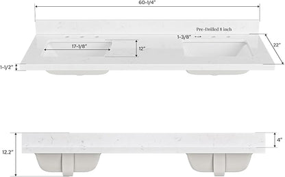ARIEL 60 inch Double Bathroom Vanity top with Sink, 1.5 Inch Thick Miter Edge Carrara White Quartz top, Rectangle Double Sink Vanity top, Includes Backsplash