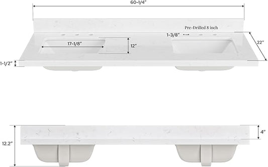 ARIEL 60 inch Double Bathroom Vanity top with Sink, 1.5 Inch Thick Miter Edge Carrara White Quartz top, Rectangle Double Sink Vanity top, Includes Backsplash