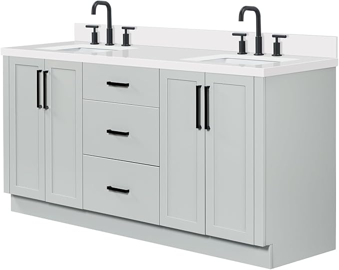 ARIEL Loren 72-inch Bathroom Vanity with Sink,Solid Wood, 1.5-inch Pure White Quartz Countertop, Double Rectangular Porcelain Sink, 4 Soft Closing Doors, 3 Dovetail Drawers, Grey