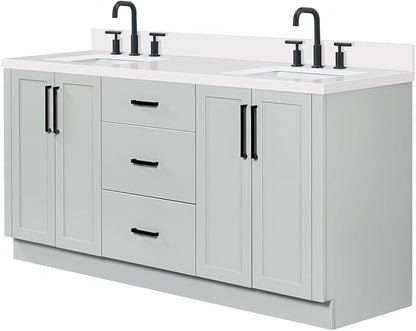 ARIEL Loren 72-inch Bathroom Vanity with Sink,Solid Wood, 1.5-inch Pure White Quartz Countertop, Double Rectangular Porcelain Sink, 4 Soft Closing Doors, 3 Dovetail Drawers, Grey