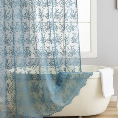 TUDECO Slate Blue Lace Shower Curtain with Valance, 72x72 Inch, 1 Panel