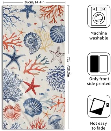 Nautical Coastal Hand Towels Set of 2, Beach Themed Ocean Seashell Coral Starfish Decorative Bathroom Towel 28x14 Inch, Soft Absorbent Microfiber Wash Cloth for Kitchen Gym Hotel Home Decor