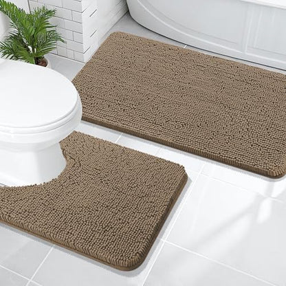 OLANLY Chenille Bathroom Rugs Mats Sets 2 Piece, 47"x20"+24"x20", Tan