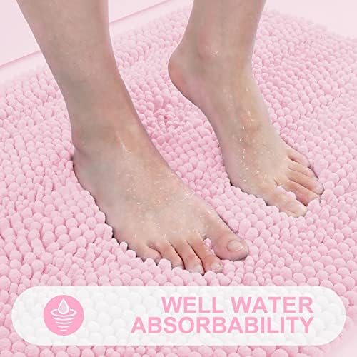 Grandaily Chenille Striped Bathroom Rugs 47x20, Extra Thick and Absorbent Bath Mats, Non-Slip Soft Plush Shaggy Shower Carpet, Machine Wash Dry, Bath Rug for Bathroom, Pink