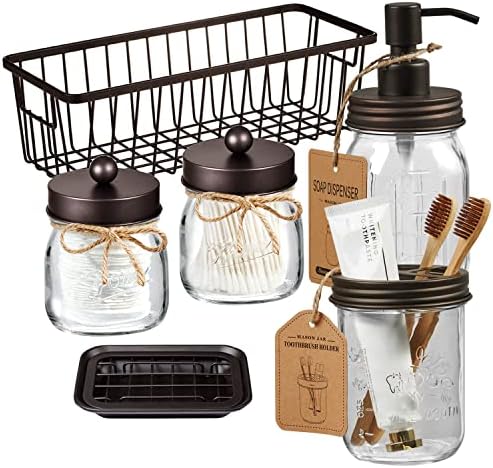 SheeChung Mason Jar Bathroom Accessories Set,6Pcs Rustic Bathroom Set,Brown