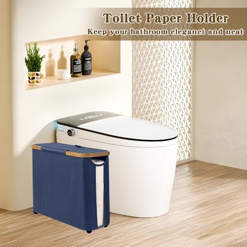 Toilet Paper Storage Basket with Lid - The Ultimate Bathroom Organizer, Free Standing Toilet Paper Holder for Up to 9 Mega Rolls, Toilet Tissue Storage Bin with Handle for RV Closet, Blue