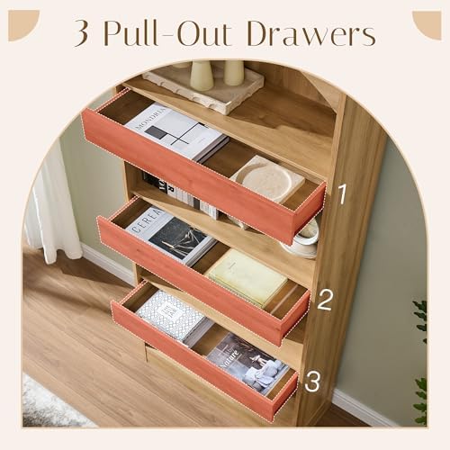 IFBUY 76" Tall 3 Drawers Arched Bathroom Storage Cabinet, Natural