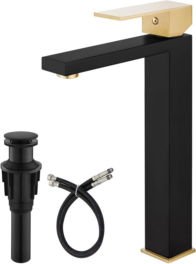 gotonovo Vessel Sink Faucet Single Handle Tall Bathroom Faucet One Hole Modern Lavatory Vanity Basin Mixer Tap Matching Supply Hoses and Pop up Drain Without Overflow, Matte Black&Brushed Gold