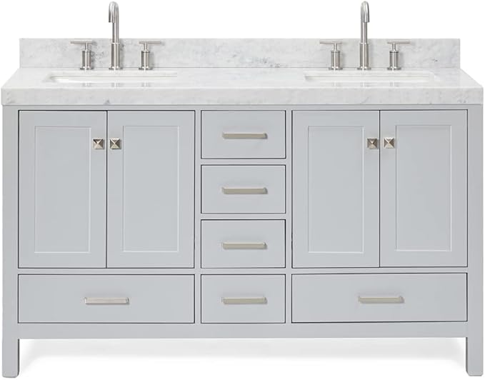 ARIEL Cambridge 60-inch Bathroom Vanity with Sink,Solid Wood, 2-inch Italian Carrara Marble Countertop, Double Rectangular Porcelain Sink, 4 Soft Closing Doors, 6 Dovetail Drawers, Grey