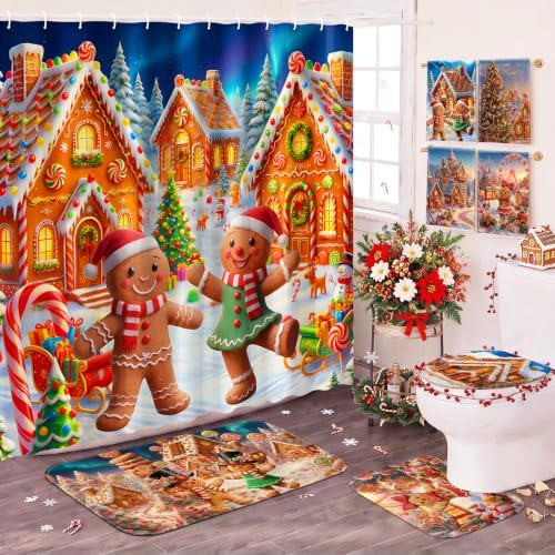 FuWeave 8Pcs Cute Gingerbread Man Christmas Shower Curtain Set, Candy House Xmas Winter Village Bathroom Decor, Includes Non-Slip Bath Rug, U-Shaped Mat, Toilet Lid Cover, Hand Towels & 12 Hooks