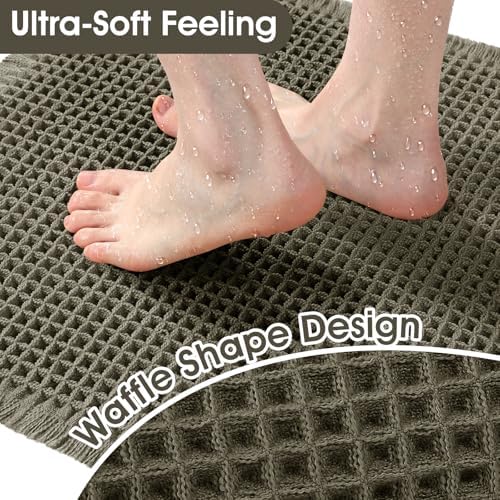 Upgrade Waffle Bath Mat, Boho Bathroom Rugs Absorbent Non Slip, Ultra Soft Bathroom Mat, Machine Washable Knit Bath Rugs with Stripe for Bathroom, Bedroom, Kitchen, Tub, 24"x17", Light Green & White
