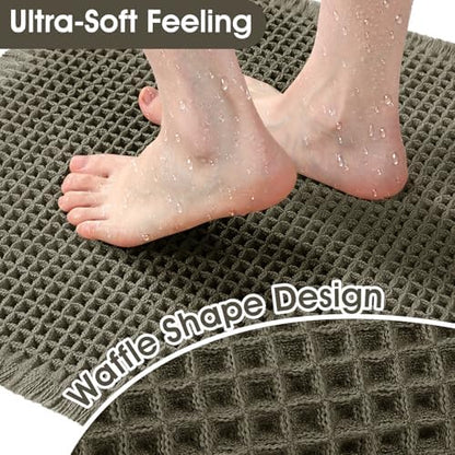 Upgraded Waffle Bath Mat, 32"x20" Greyish Green, Super Absorbent Non-Slip Quick Dry Bathroom Rugs with Tassels, Machine Washable Ultra Soft Boho Bath Rugs for Floor, Toilet Mats Boho Farmhouse Decor