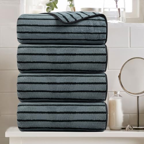 4 Piece Grayish Blue Cabana Stripe Large Bath Towels Oversized Bath Sheet Super Soft Breathable Jumbo Bathroom Towels Highly Absorbent Shower Towel Quick Dry Beach Chair Towel Spa Gym Hotel Towel Set