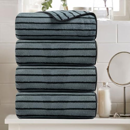 4 Piece Grayish Blue Cabana Stripe Large Bath Towels Oversized Bath Sheet Super Soft Breathable Jumbo Bathroom Towels Highly Absorbent Shower Towel Quick Dry Beach Chair Towel Spa Gym Hotel Towel Set