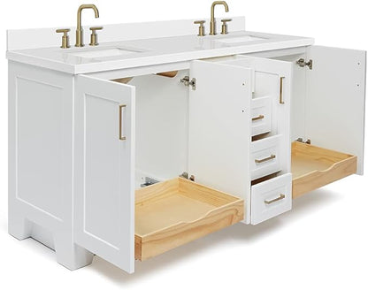 ARIEL Taylor 72-inch Bathroom Vanity with Sink,Solid Wood, 1.5-inch Pure White Quartz Countertop & Backsplash, Double Rectangular Porcelain Sink, 4 Soft Closing Doors, 6 Dovetail Drawers, White