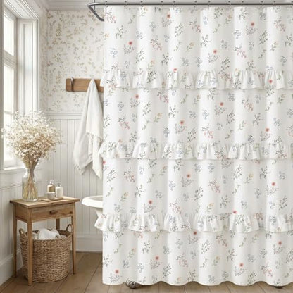 Floral Farmhouse French Country Ruffle Cotton Shower Curtain 72Wx72H