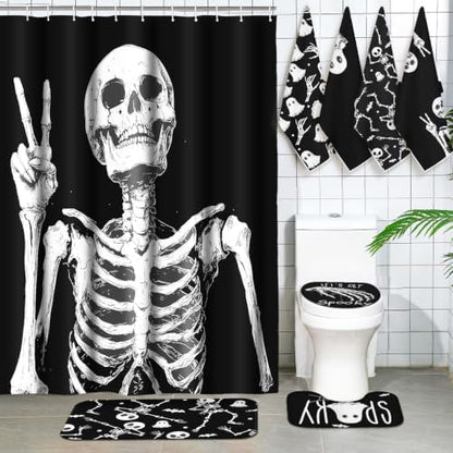 Honoson 8 Pcs Halloween Skeleton Bathroom Shower Curtain Set with Rugs, Skull Bath Decor with Non-Slip Floor Mat, Toilet Lid Cover, Ghost Bat Towels, Spooky Black White Bathroom Decor for Home
