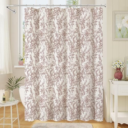 Burgundy Boho Linen Fabric Shower Curtain ,Farmhouse Floral For Bathroom