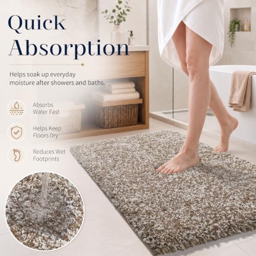 Yimobra Luxury Bathroom Rugs, Fluffy Bath Mats, Non Slip, Water Absorbent Microfiber, Machine Washable, Plush Runner Shower Rugs, Thick Matts for Bathroom Floor&Tub, 47" X 24", Light Brown and White