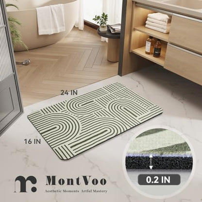 MontVoo -Bath Mat-Non Slip Thin Bathroom Rugs Fit Under Door- Quick Dry Absorbent Faux Suede Surface Grey Bathroom Floor Mats-Shower Rug for in Front of Bathtub Shower Ivory & Green Arched 16x24