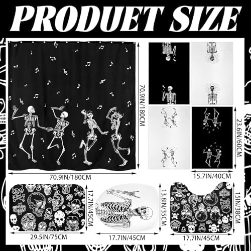 Honoson 8 Pcs Halloween Skeleton Shower Curtain Set